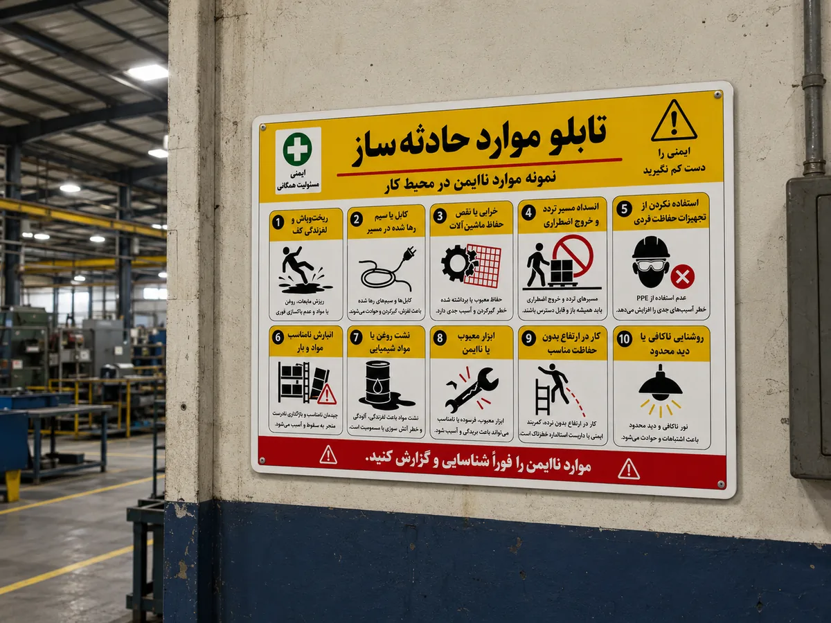 تابلوی گزارش موارد حادثهساز و شبهحادثه در محیط کار صنعتی